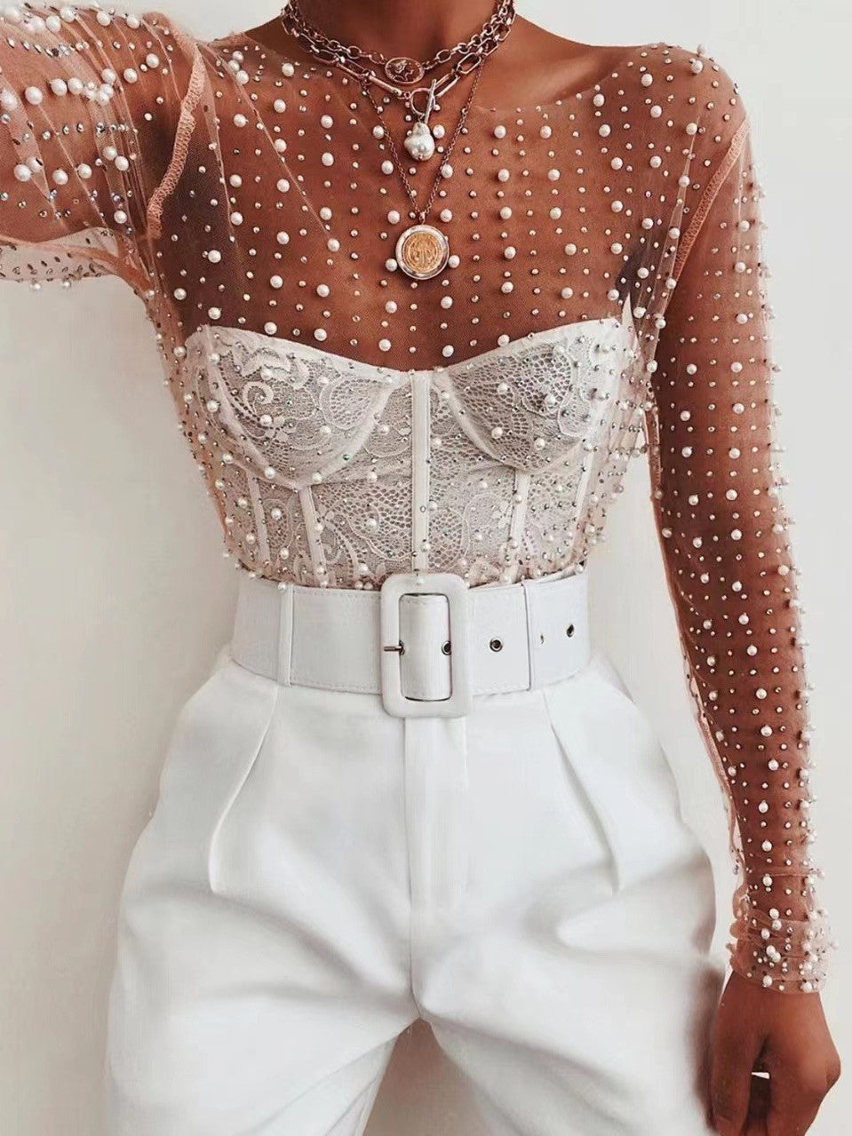 Pearl Embellished Sheer Mesh Top - Beige