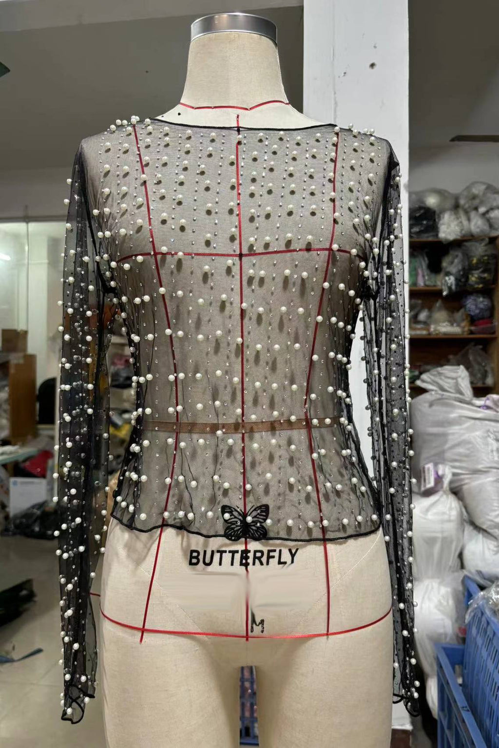 Pearl Embellished Sheer Mesh Top