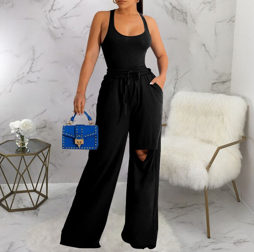 Scoop Neck Bodysuit With Cutout Wide Leg Pants - Black