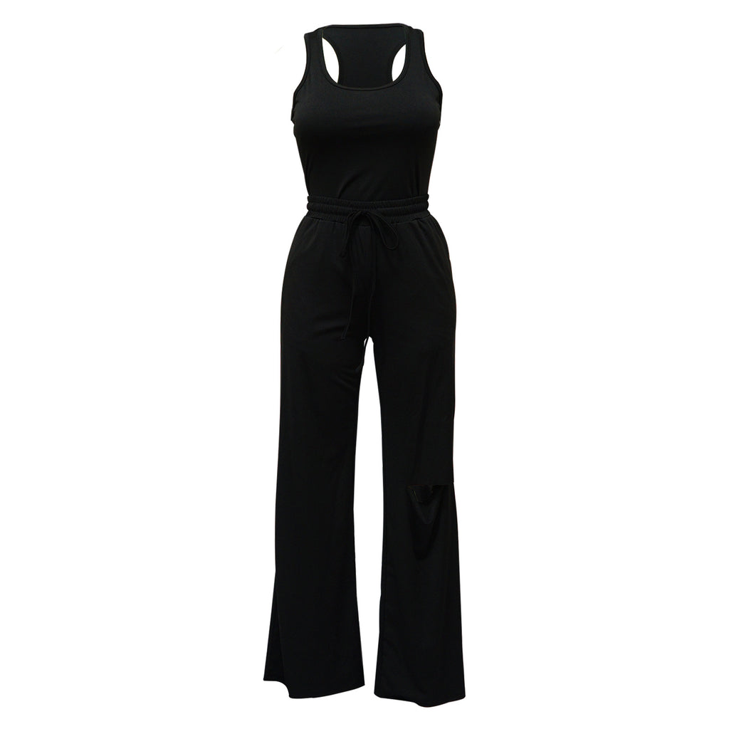 Scoop Neck Bodysuit With Cutout Wide Leg Pants - Black - 1