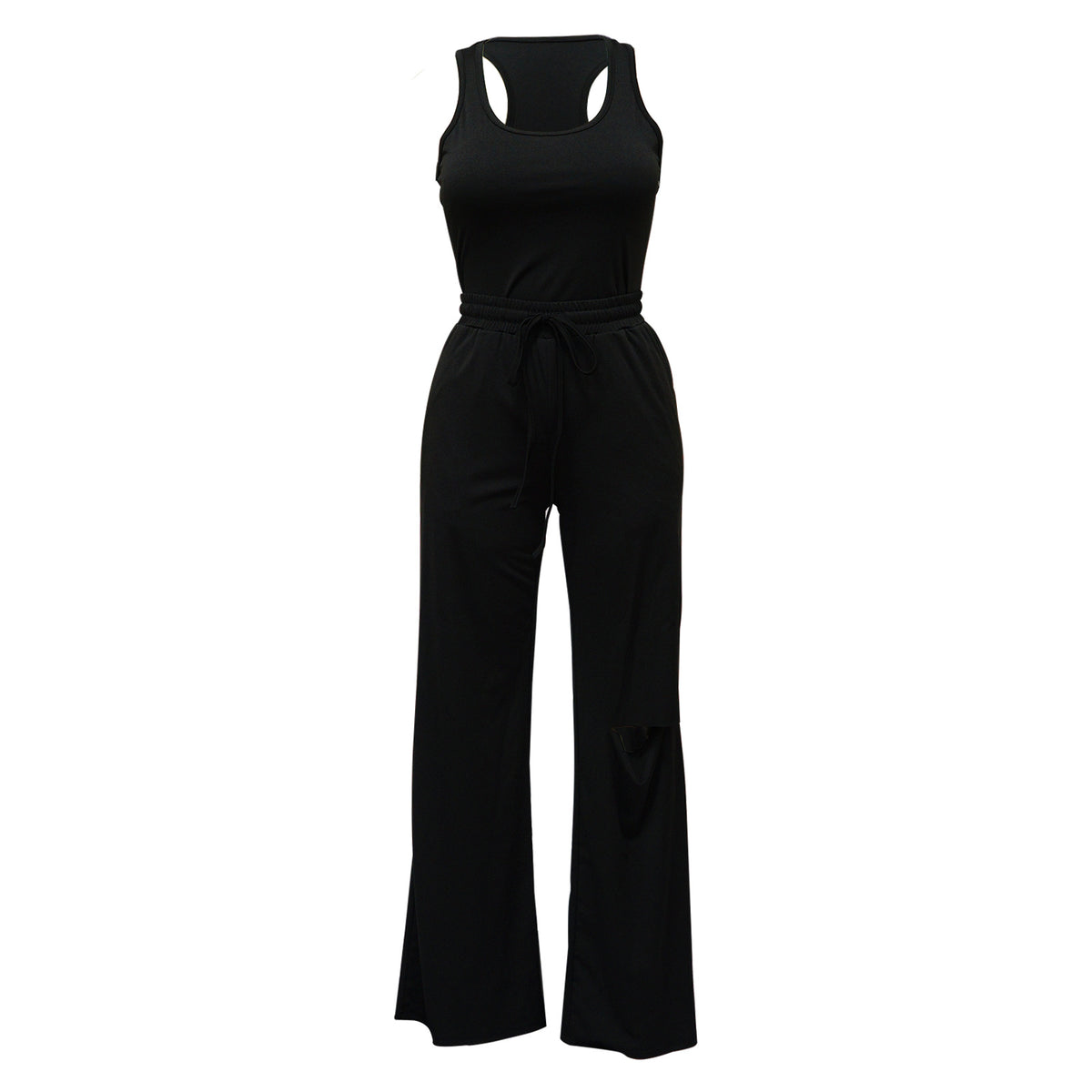 Scoop Neck Bodysuit With Cutout Wide Leg Pants - Black - 1