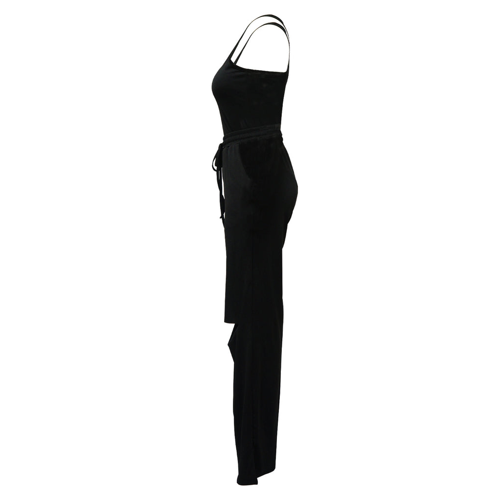 Scoop Neck Bodysuit With Cutout Wide Leg Pants - Black - 2