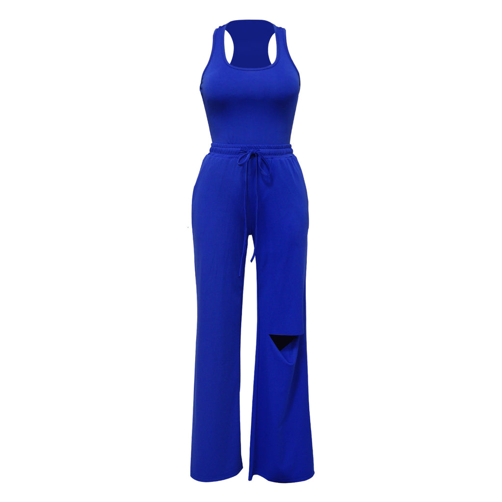 Scoop Neck Bodysuit With Cutout Wide Leg Pants - Blue