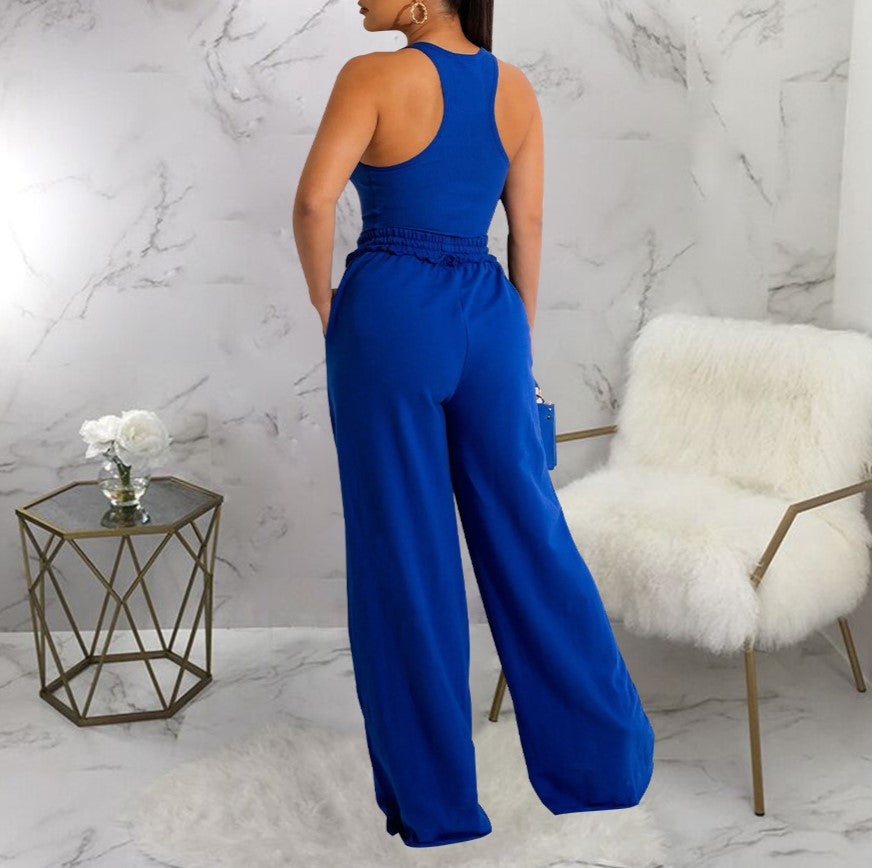 Scoop Neck Bodysuit With Cutout Wide Leg Pants - Blue - 1