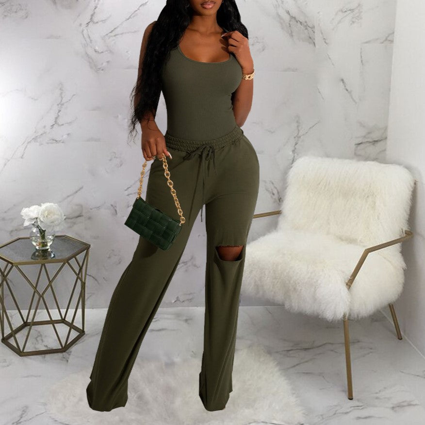 Scoop Neck Bodysuit With Cutout Wide Leg Pants - Green