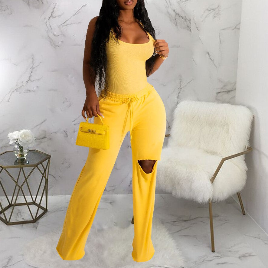 Scoop Neck Bodysuit With Cutout Wide Leg Pants - Yellow - 5