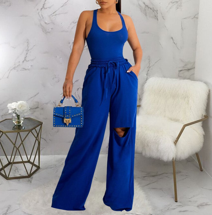 Scoop Neck Bodysuit With Cutout Wide Leg Pants