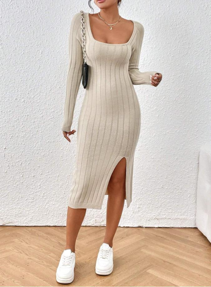 Square Neck Ribbed Knit Midi Dress - Apricot