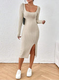 Square Neck Ribbed Knit Midi Dress - Apricot