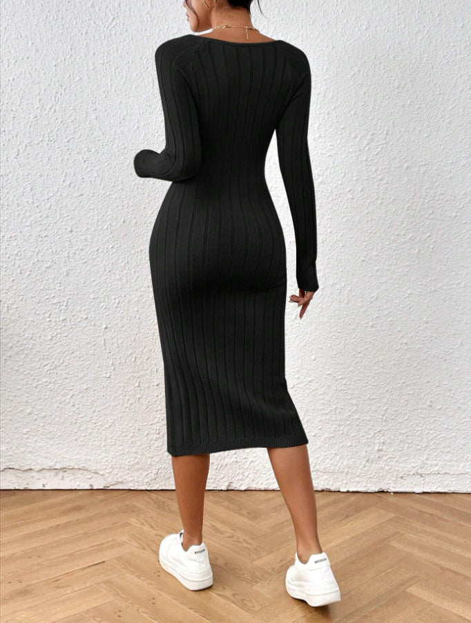 Square Neck Ribbed Knit Midi Dress - Black - 1