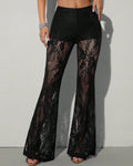 High Waisted Floral Lace Bell Bottom Pants - Black
