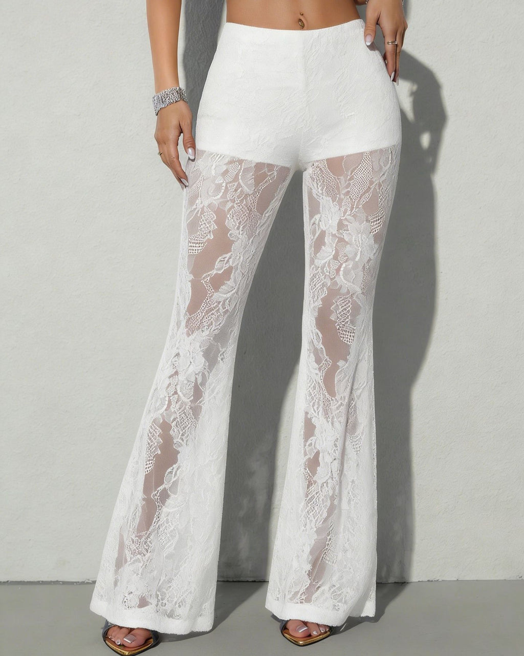 High Waisted Floral Lace Bell Bottom Pants - White