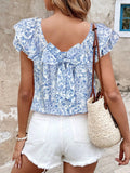 Flutter Sleeve Tie Back Floral Blouse - Blue