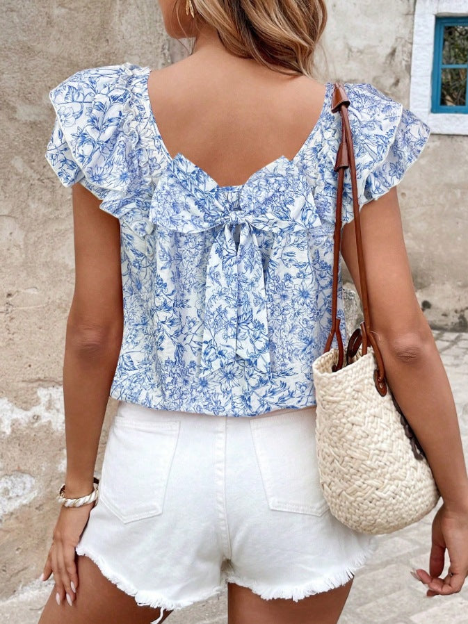 Flutter Sleeve Tie Back Floral Blouse - Blue