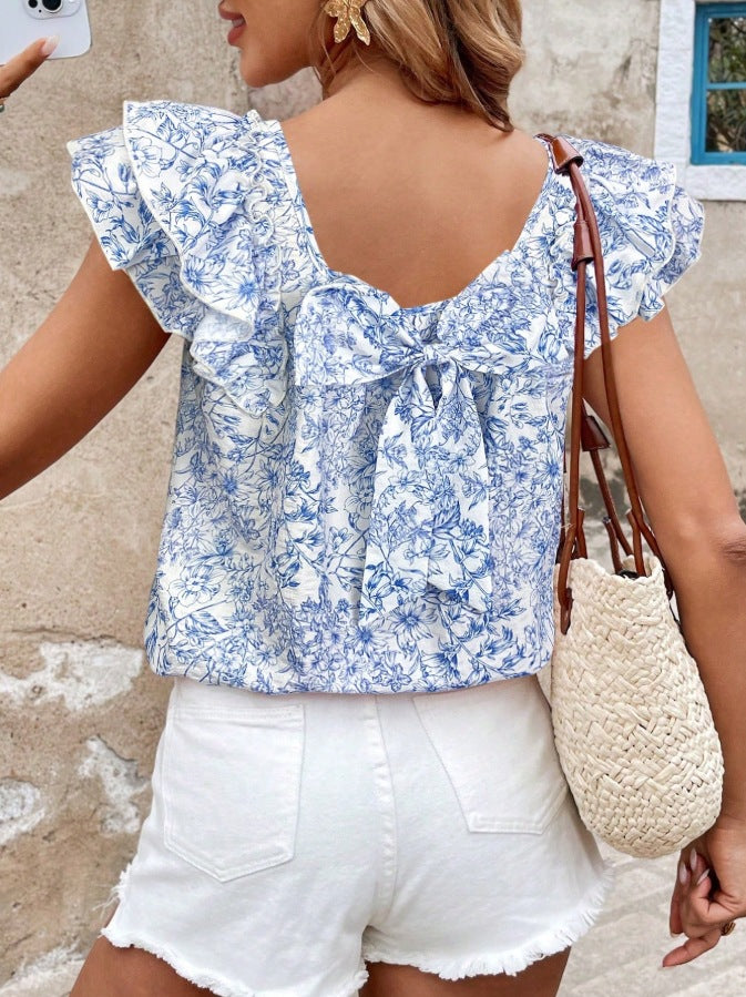 Flutter Sleeve Tie Back Floral Blouse - Blue - 1
