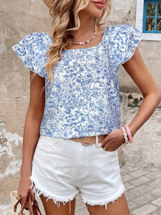 Flutter Sleeve Tie Back Floral Blouse - Blue - 2