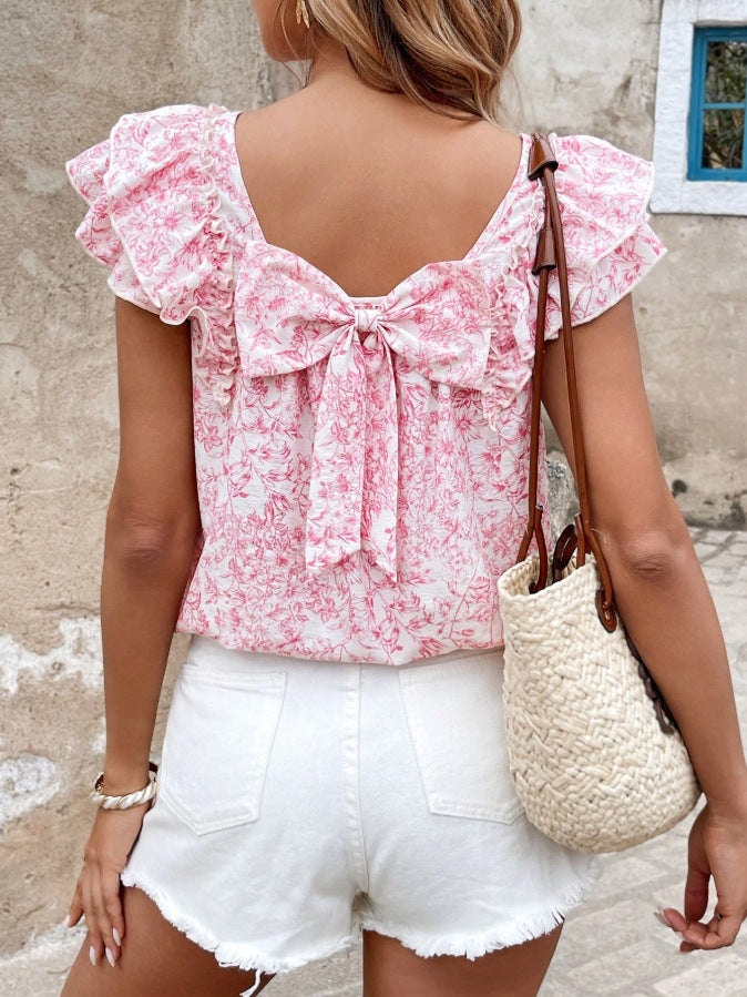 Flutter Sleeve Tie Back Floral Blouse - Pink