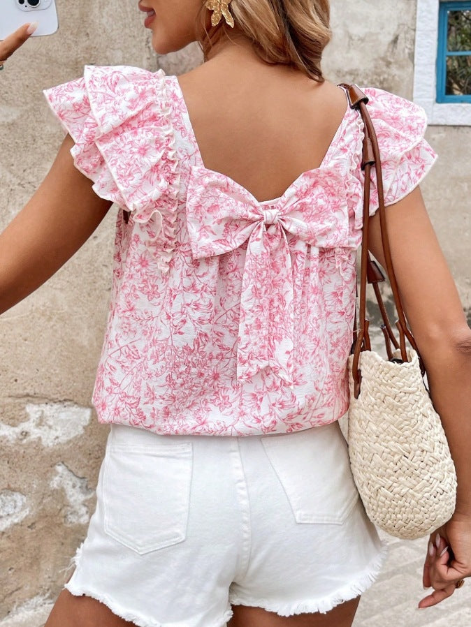 Flutter Sleeve Tie Back Floral Blouse - Pink - 1