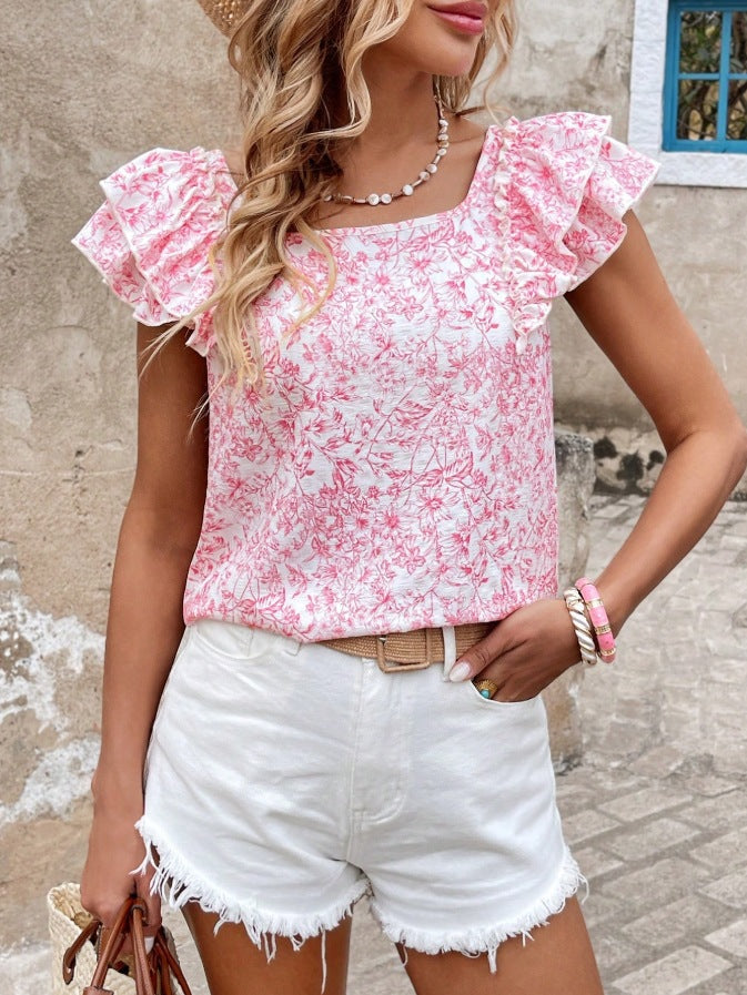 Flutter Sleeve Tie Back Floral Blouse - Pink - 2