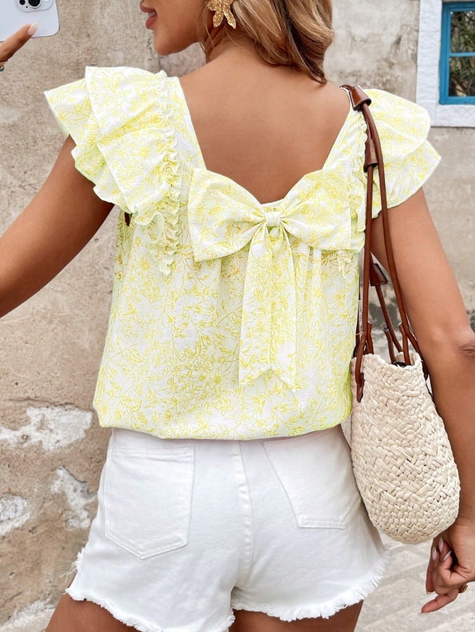 Flutter Sleeve Tie Back Floral Blouse - Yellow - 1