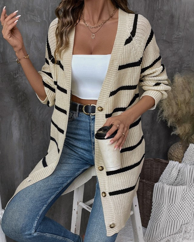 Striped Longline Chunky Knit Button Cardigan - Apricot - 3