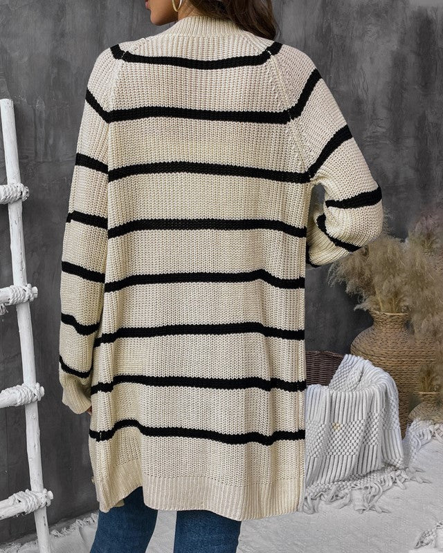 Striped Longline Chunky Knit Button Cardigan - Apricot - 8