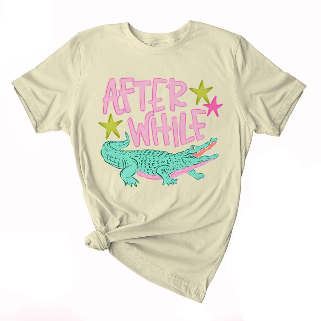 Smiling Alligator Preppy Cotton Graphic Tee - Cream