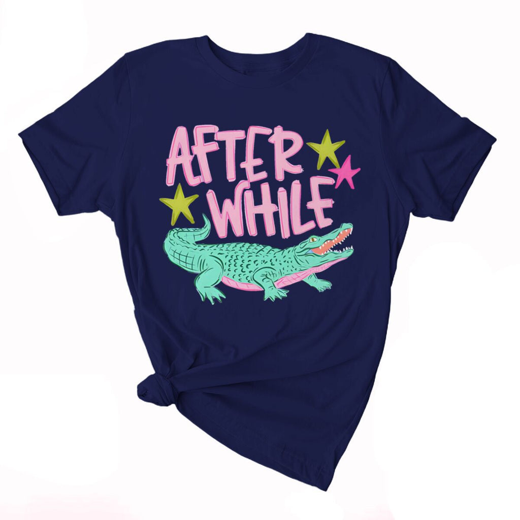 Smiling Alligator Preppy Cotton Graphic Tee - Navy