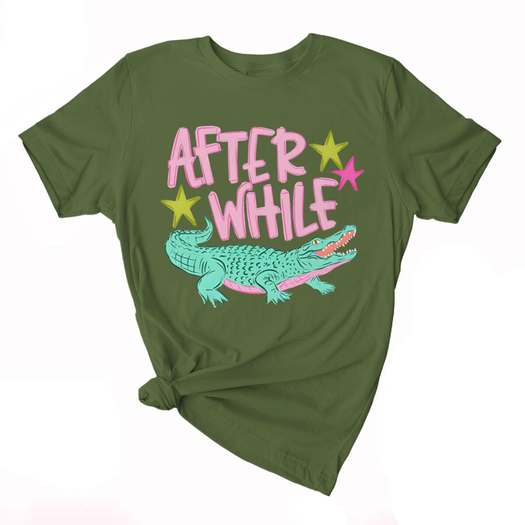 Smiling Alligator Preppy Cotton Graphic Tee - Olive