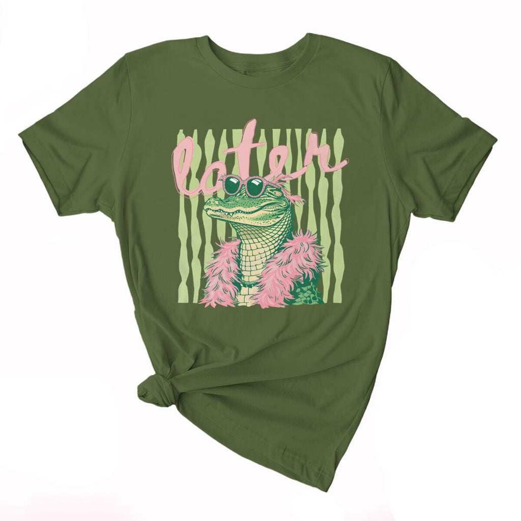 Smiling Alligator Preppy Cotton Graphic Tee - Olive01