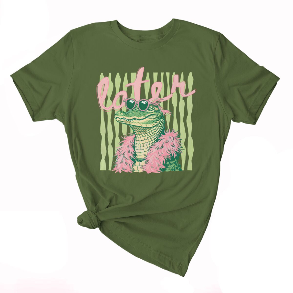 Smiling Alligator Preppy Cotton Graphic Tee - Olive01