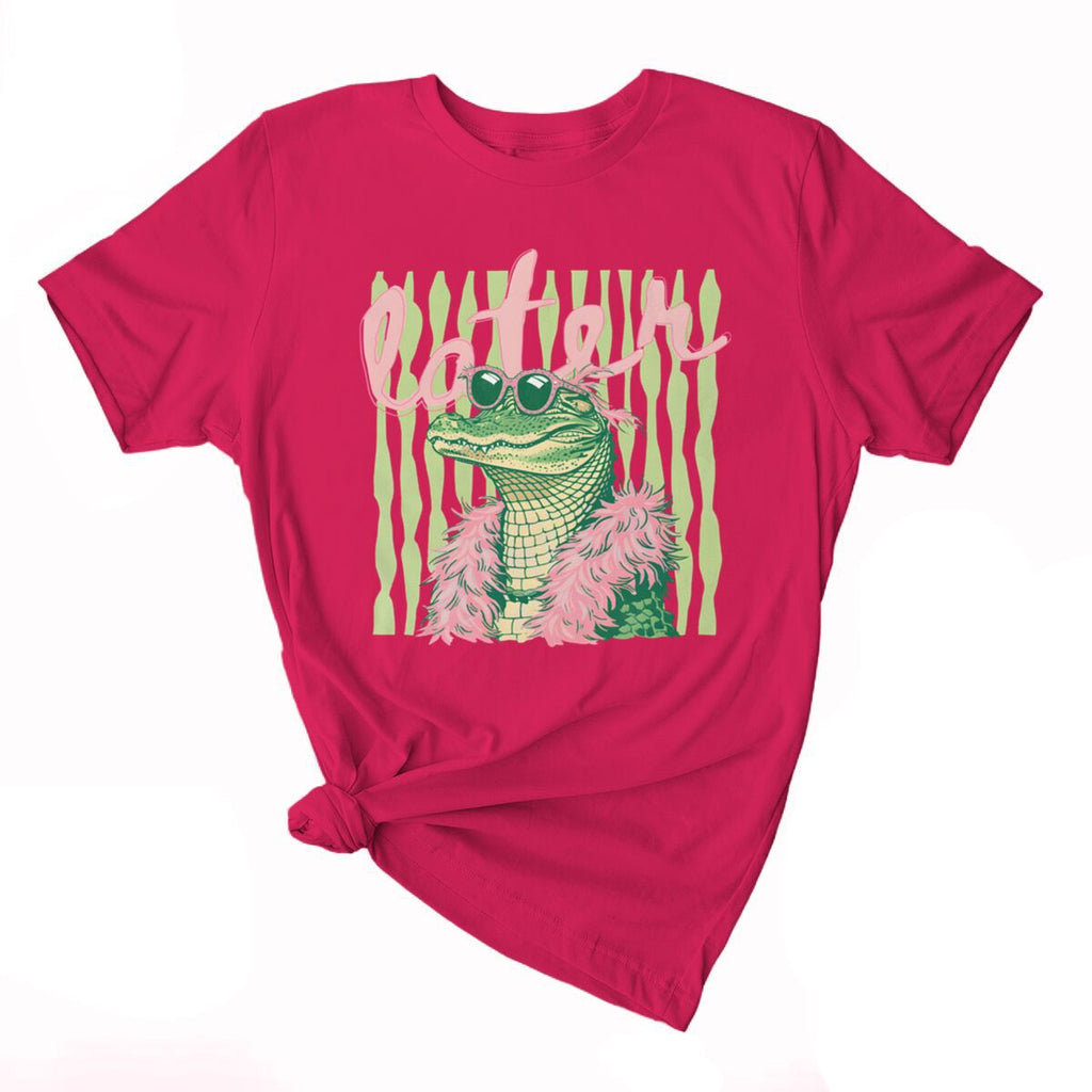 Smiling Alligator Preppy Cotton Graphic Tee - RoseRed01