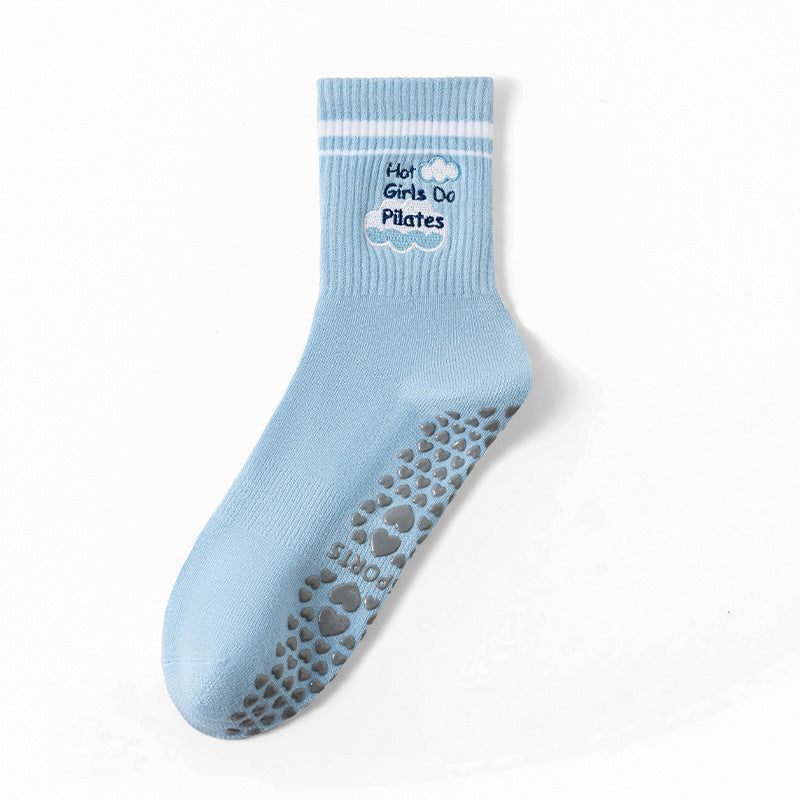 Cloud Embroidered Pilates Grip Socks Striped Cuff - Blue