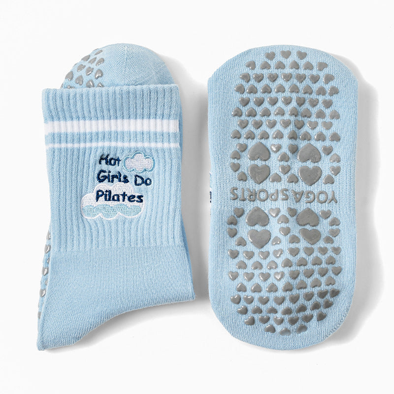 Cloud Embroidered Pilates Grip Socks Striped Cuff - Blue - 1