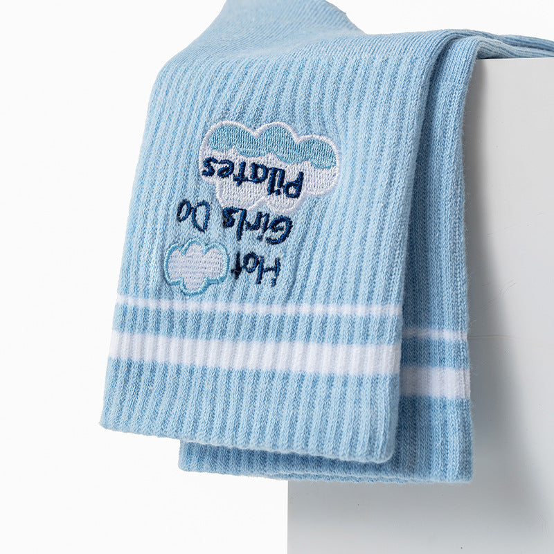 Cloud Embroidered Pilates Grip Socks Striped Cuff - Blue - 2