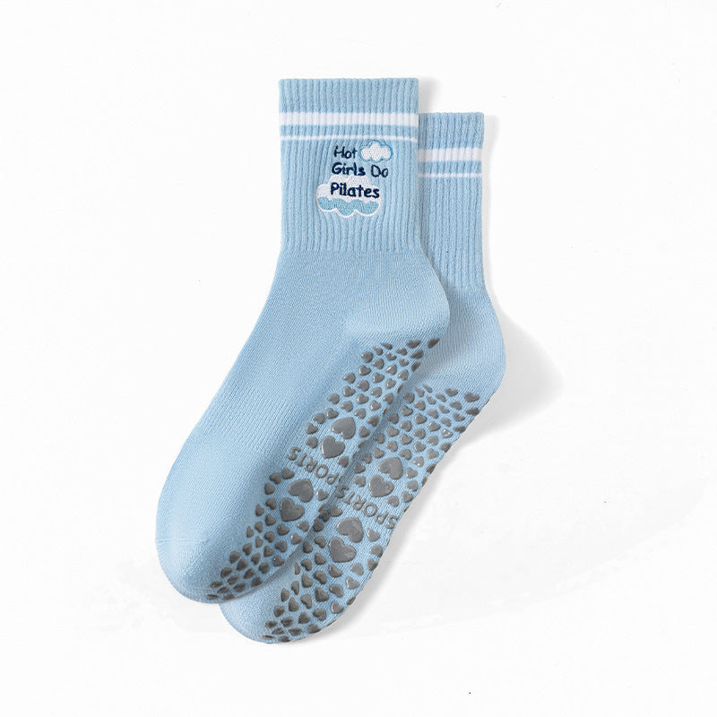 Cloud Embroidered Pilates Grip Socks Striped Cuff - Blue - 3
