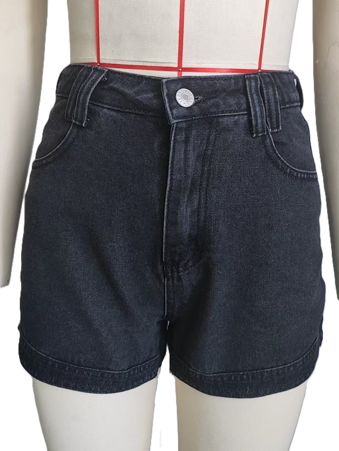 High Waist Curved Hem Denim Shorts - Black