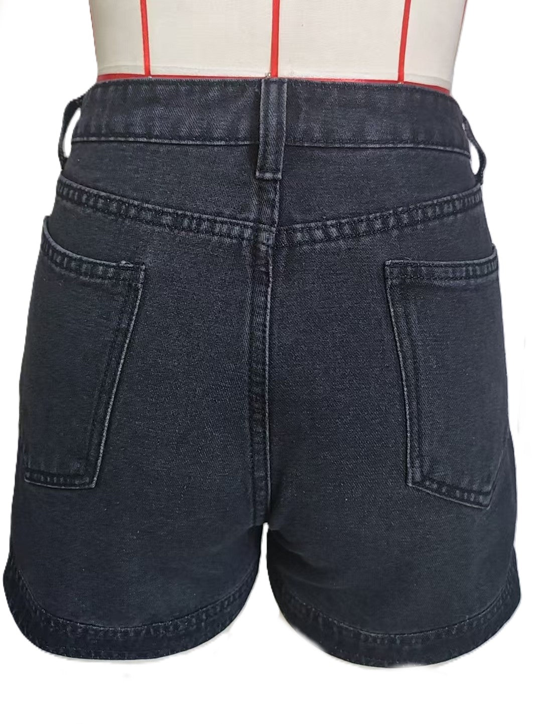 High Waist Curved Hem Denim Shorts - Black - 2