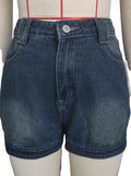 High Waist Curved Hem Denim Shorts - Blue