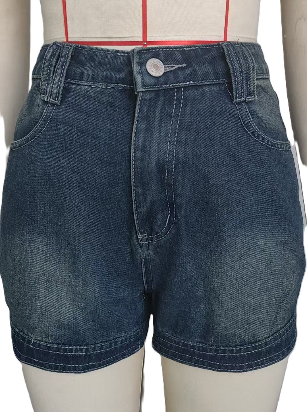 High Waist Curved Hem Denim Shorts - Blue