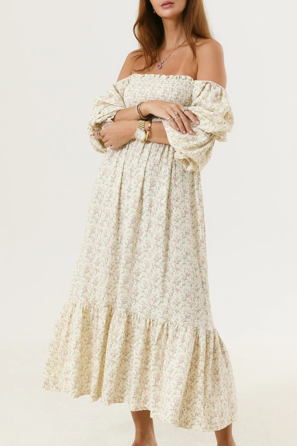 Shirred Bodice Puff Sleeve Tiered Maxi Dress - Beige