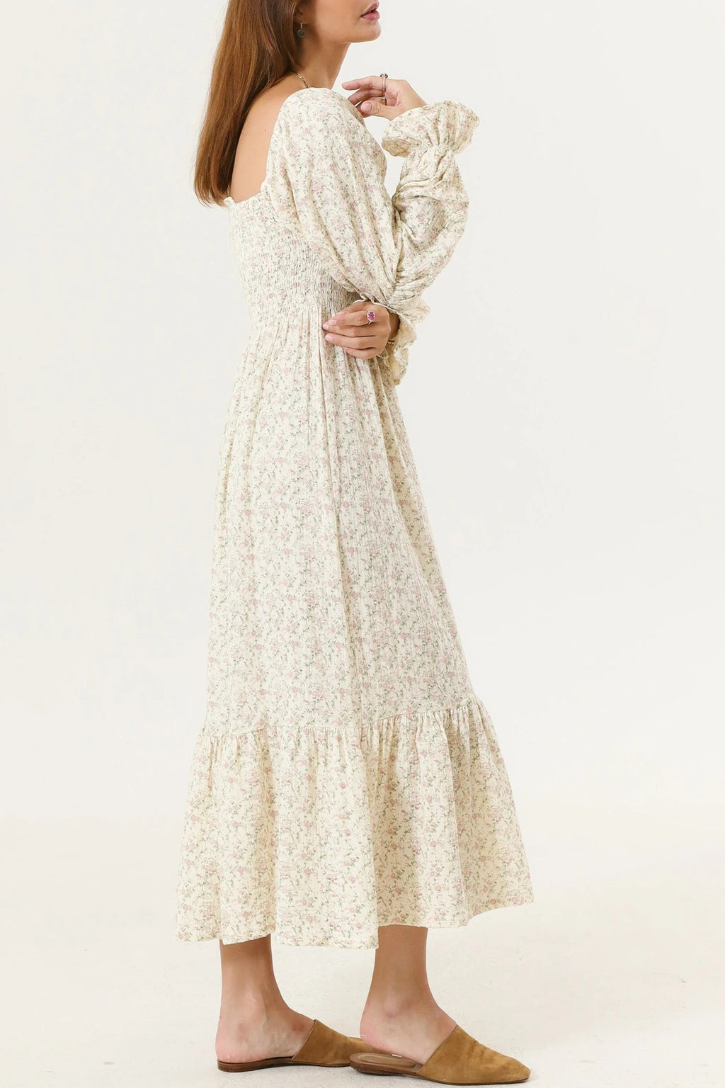Shirred Bodice Puff Sleeve Tiered Maxi Dress - Beige - 2