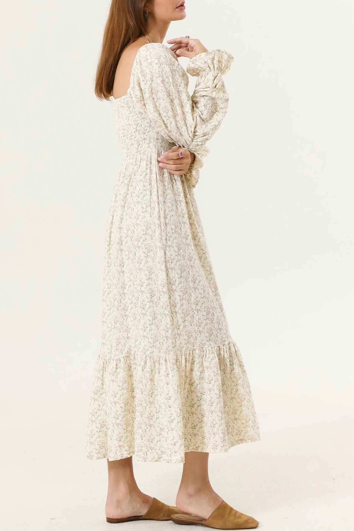 Shirred Bodice Puff Sleeve Tiered Maxi Dress - Beige - 2