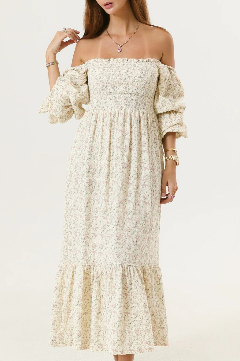 Shirred Bodice Puff Sleeve Tiered Maxi Dress - Beige - 3