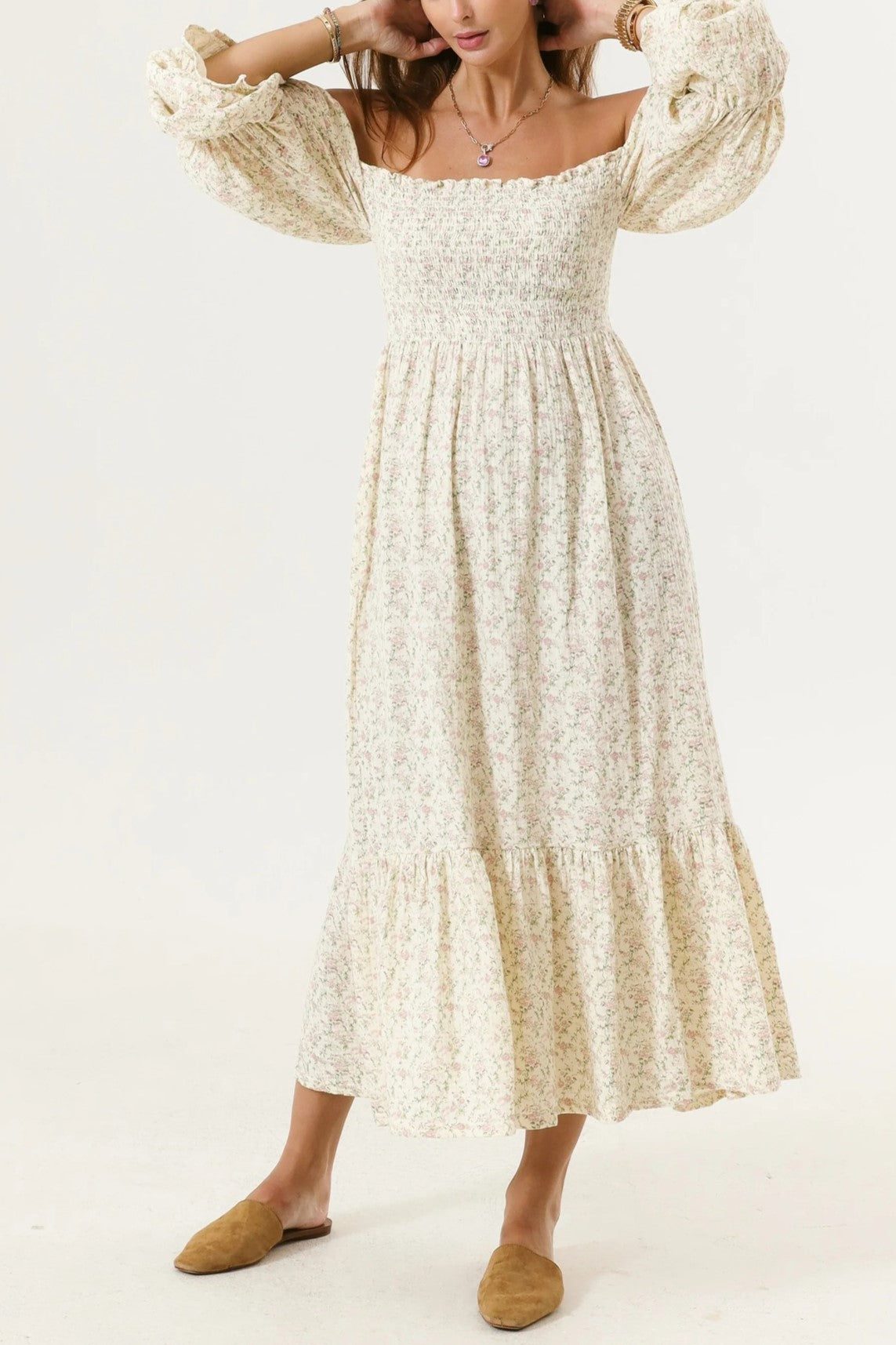 Shirred Bodice Puff Sleeve Tiered Maxi Dress - Beige - 4