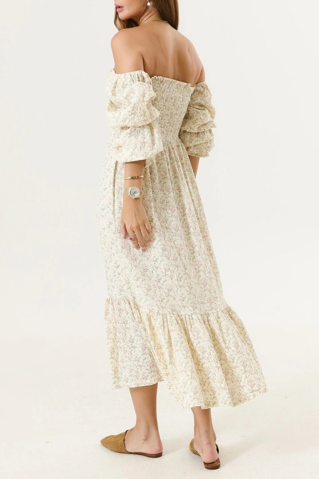 Shirred Bodice Puff Sleeve Tiered Maxi Dress - Beige - 5