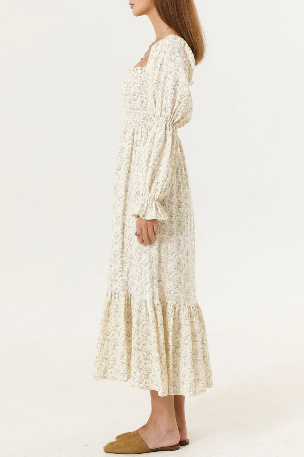 Shirred Bodice Puff Sleeve Tiered Maxi Dress - Beige - 6