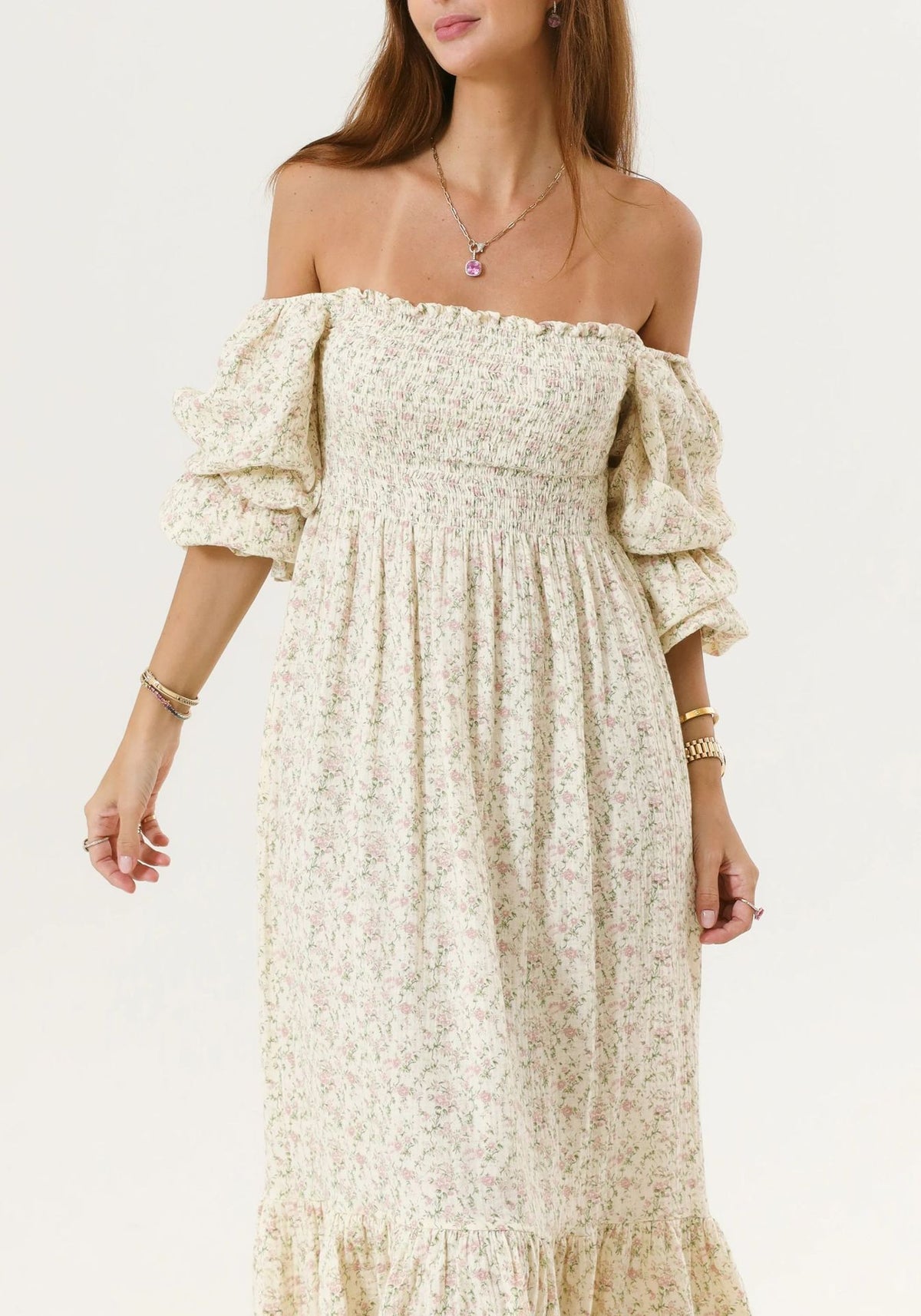 Shirred Bodice Puff Sleeve Tiered Maxi Dress - Beige - 7