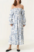 Shirred Bodice Puff Sleeve Tiered Maxi Dress - Blue
