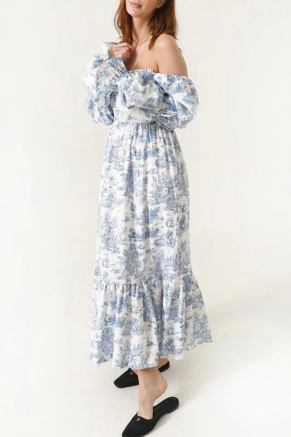 Shirred Bodice Puff Sleeve Tiered Maxi Dress - Blue - 1